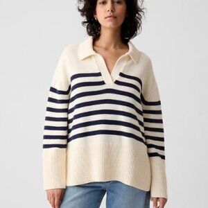 GAP 24/7 Split-Hem Polo Sweater White navy stripe 100% Cotton sz SM